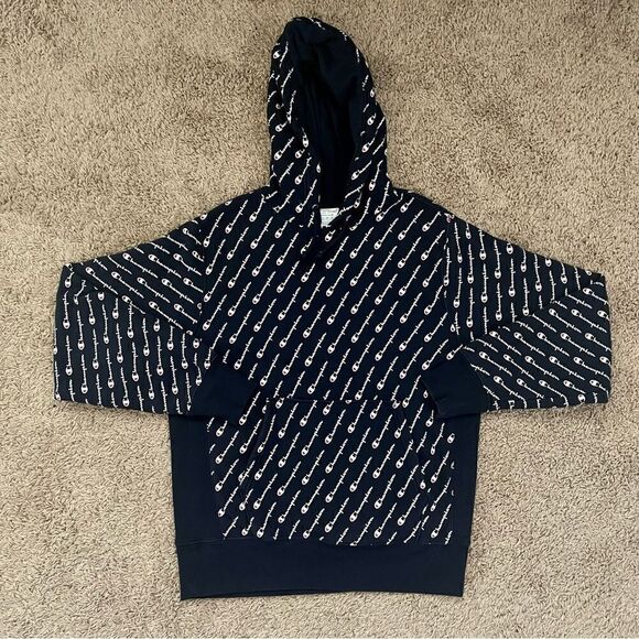 Champion Brand Blue Reverse Weave All Over Logo Print Hoodie Sweatshirt SZ M EUC - Picture 3 of 12